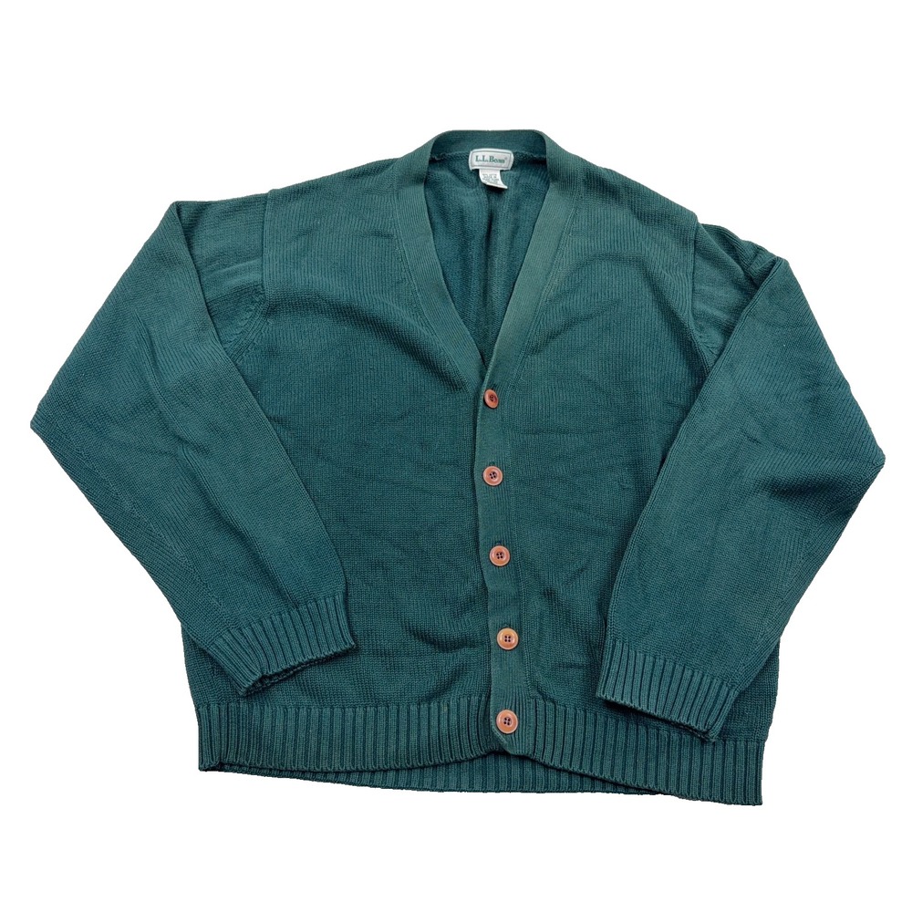 Vintage LL Bean Cardigan Sweater Men Large Green Cotton Rib Grandpa Y2K Knit